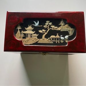SAN YOU | CHINESE RED LACQUER MUSICAL JEWELRY BOX. DIORAMA SCULPTURED CORK ART.